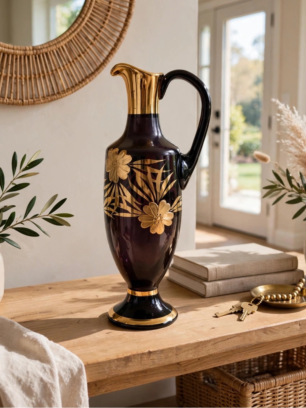 Vintage Bohemian Black Amethyst Gold Floral Ewer Pitcher 12in Moser Czech